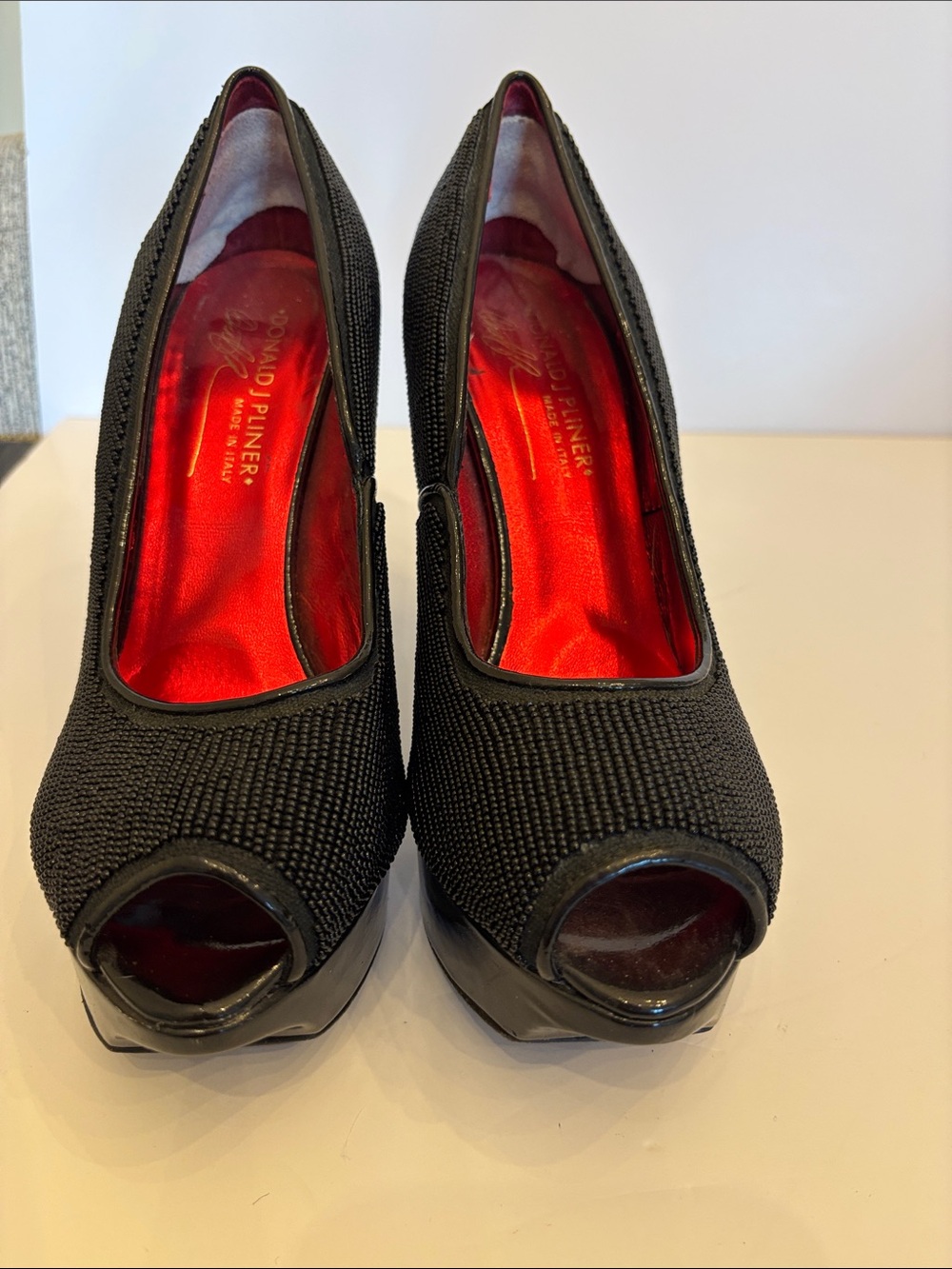 Donald J Pliner black beaded peep toe pump